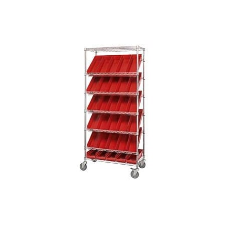 Global Industrial Easy Access Slant Shelf Chrome Wire Cart, 30 4inH Shelf Bins Red, 36Lx18Wx74H 269003RD